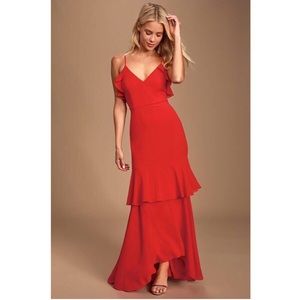 Lulu’s Cherish the Moment Red Ruffled Maxi Dress
